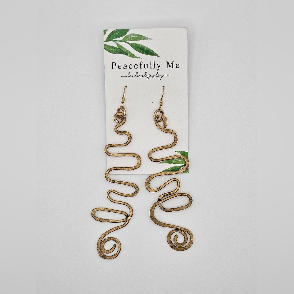 Handmade Metal Long Golden Swirl Metal Bohemian Hippie Retro Earrings